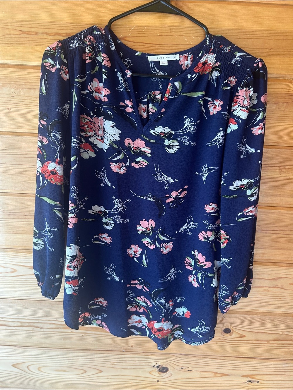 fun 2 fun Navy Floral Smocked-Yoke Blouse